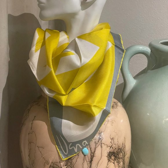 Vera Neumann Vintage Silk Scarf Abstract Geometric Gray Yellow Large Japan 23x23 - Picture 2 of 6